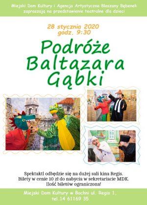 Plakat informujący o spektaklu "Podróże Baltazara Gąbki"