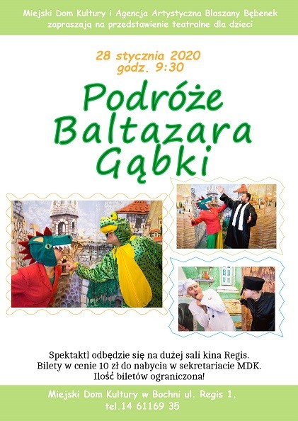 Plakat informujący o spektaklu "Podróże Baltazara Gąbki"