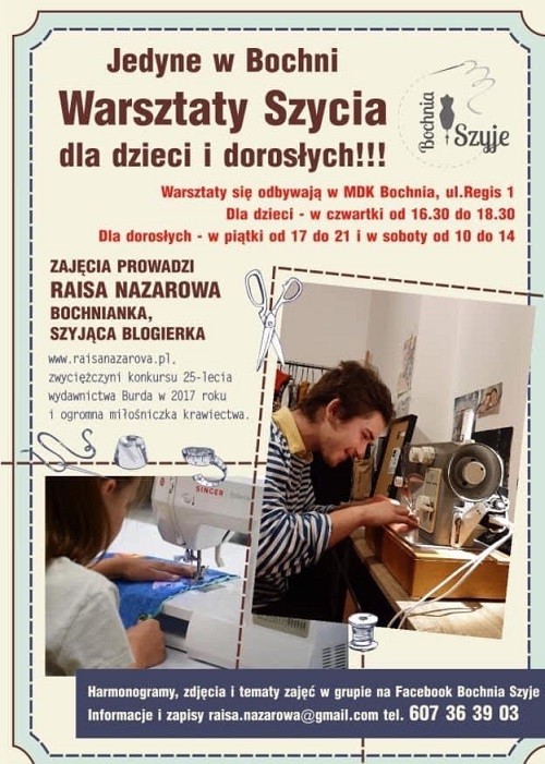 Plakat informujący o warsztatach szycia