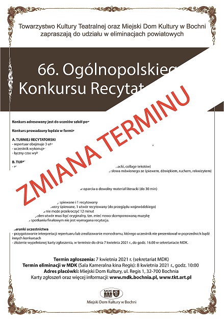 Plakat informujący o zmianie terminu konkursu recytatorskiego