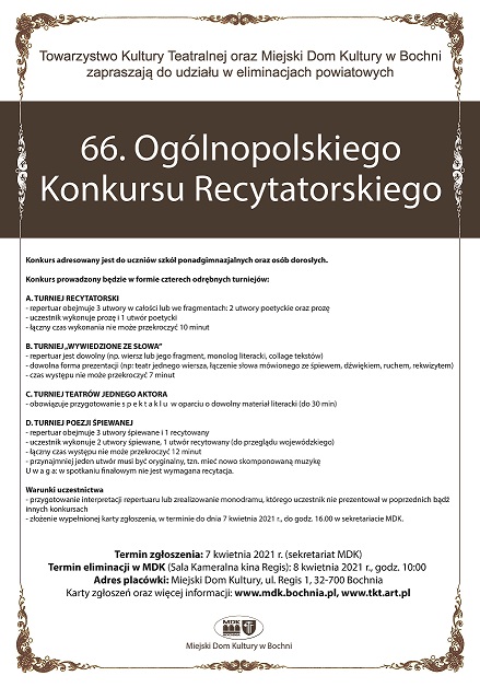 Plakat informujący o 66. ogólnopolskim konkursie recytatorskim