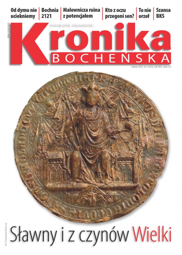 Okładka gazety przedstawiająca pieczęć majestatową króla Kazimierza Wielkiego.