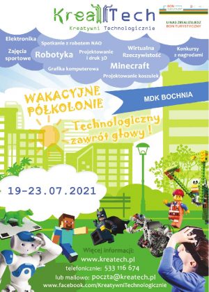 Plakat informujący o półkoloni kreatech w dniach 19-23.07.21 r.