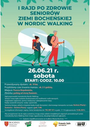 Plakat infrmujący o Pierwszym Rajdzie dla seniorów w nordic walking który odbędzie się 26 czerwca 2021, grafika przedstawia parę ludzi maszerujących z kijkami w tle widać pagórki