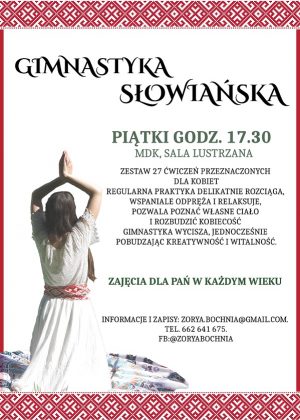 Plakat informujący o zajęciach z gimnatyki słowiańskiej w pt o godz. 17,30
