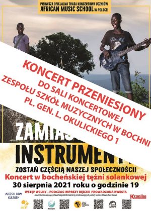 Plakat informujący o przeniesieniu koncertu "Zamiast broni instrumenty" do szkoły muzycznej