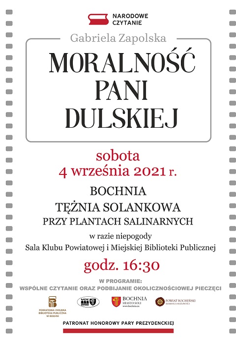 Grafika informująca o Czytaniu narodowym 4 września 2020 r. o godz. 16.30 w tężni na Plantach Salinarnych