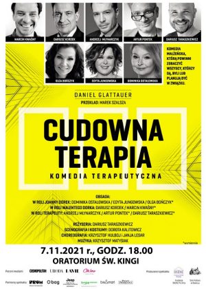 Plakat informujący o spektaklu "Cudowna Terapia" 7.11.2021r.