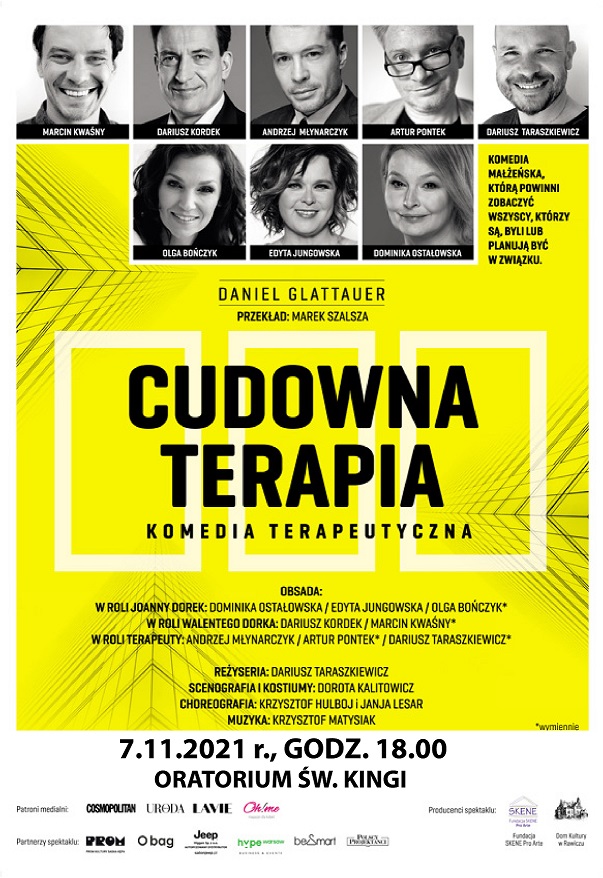 Plakat informujący o spektaklu "Cudowna Terapia" 7.11.2021r.