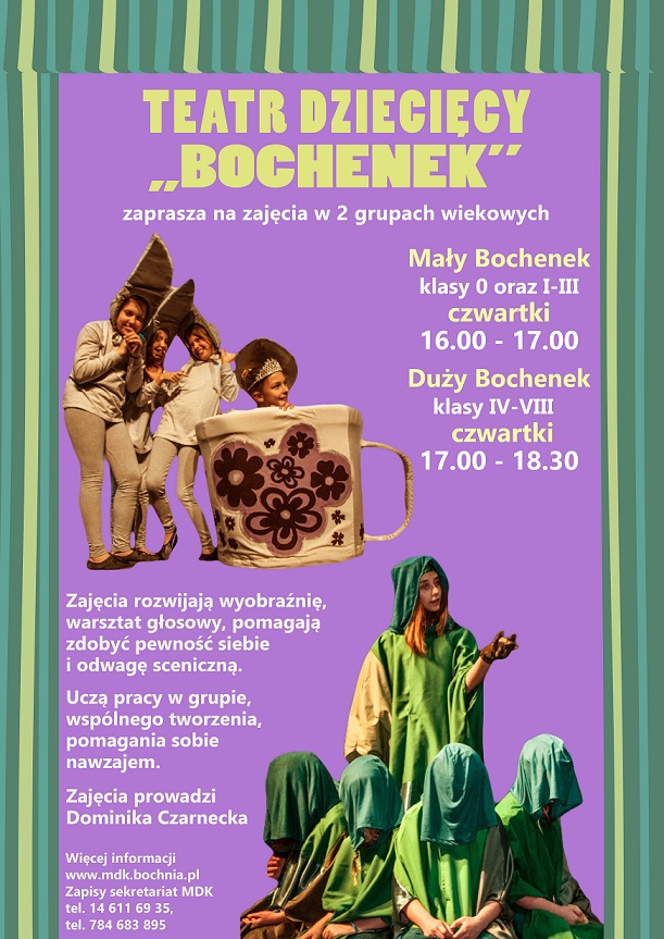 Plakat informujący o zajęciach teatralnych " teatr bochenek"