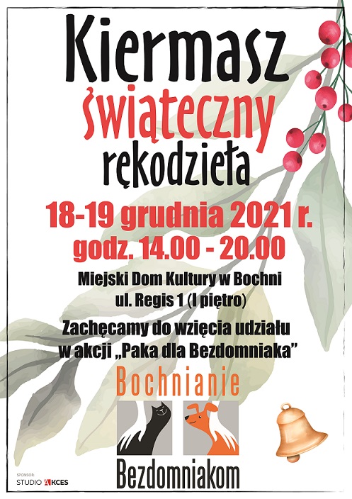 Plakat informujący o "Kiermasz świąteczny rękodzieła" 18-19,12 2021