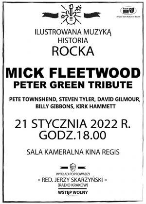 Plakat informujący o spotkaniu z cyklu "Ilustrowana historia rocka" 21 stycznia 2022