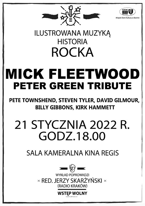Plakat informujący o spotkaniu z cyklu "Ilustrowana historia rocka" 21 stycznia 2022