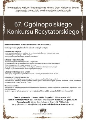 Plakat informujący o 67 ogólnopolskim konkursie recytatorskim