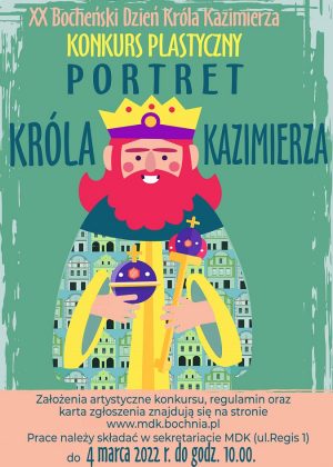 Plakat informujący o konkursie plastycznym "Portret króla kazmierza"