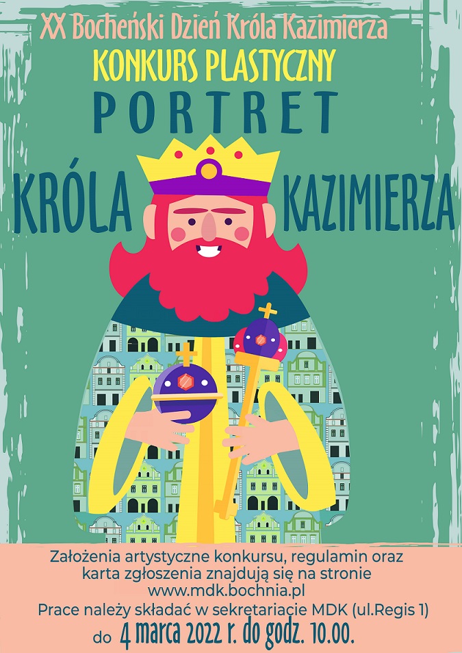 Plakat informujący o konkursie plastycznym "Portret króla kazmierza"