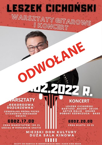 Plakat informujący o odwołanych warsztatach z Leszkiem Cichońskim