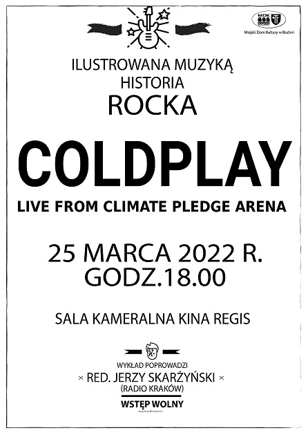 Plakat informujący o spotkaniu z cyklu Ilustrowana muzyką historia rocka 25.03.22 r.