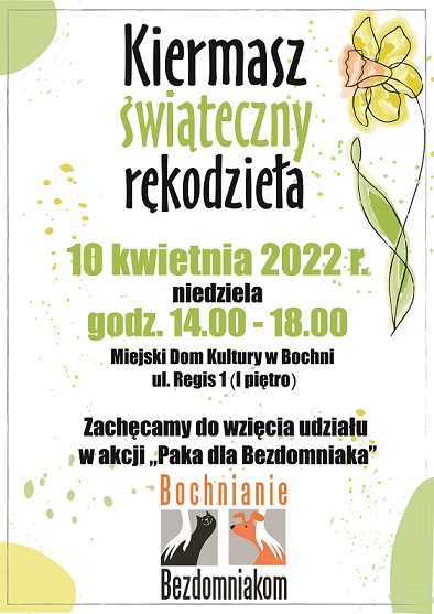 Plakat informujący o kiermaszu wielkanocnym rękodzieła 10.04.2022 r.