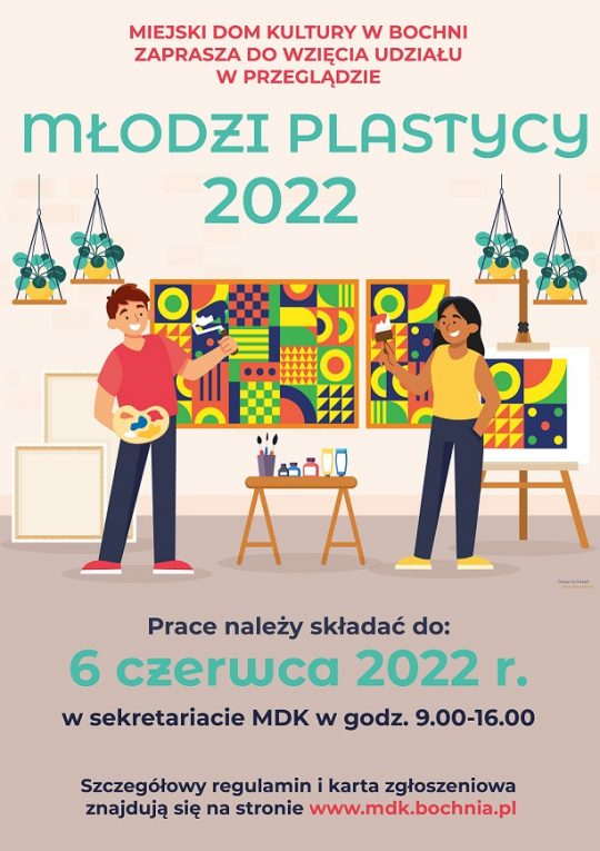 Plakat informujący o przeglądzie"Młodzi plastycy 2022"