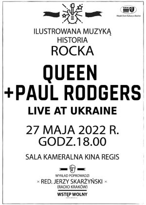 Plakat informujący o spotkaniu z cyklu " Ilustrowana muzyką historia rocka" 27.05.2022r.