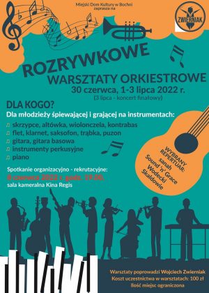Plakat informujący o rozrywkowych warsztatach orkiestrowych