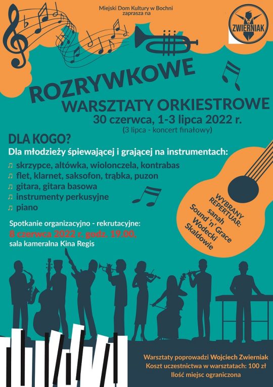 Plakat informujący o rozrywkowych warsztatach orkiestrowych