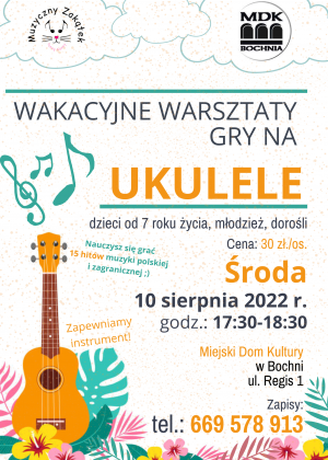 Plakat inforumujący o warsztatach gry na ukulele.