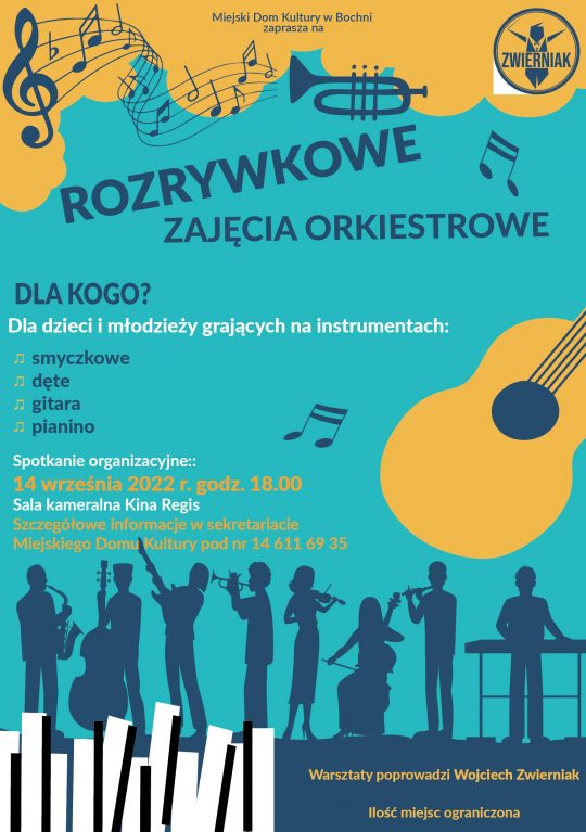 Plakat, instrumenty. Rozrywkowe zajęcia orkiestrowe. Bochnia.