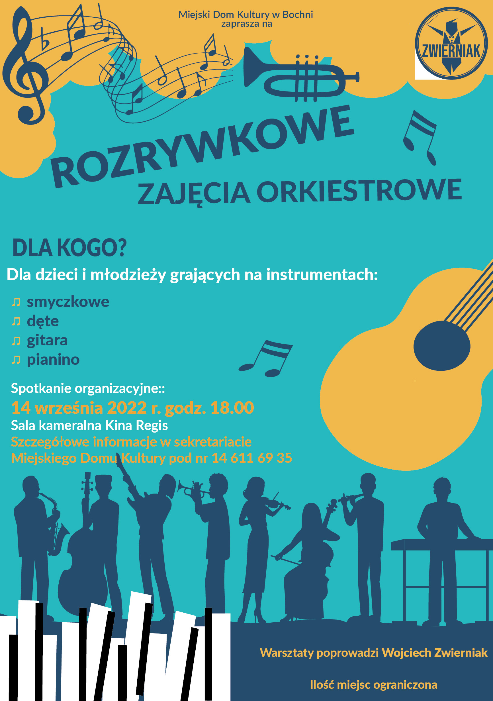 Plakat, instrumenty. Rozrywkowe zajęcia orkiestrowe. Bochnia. 