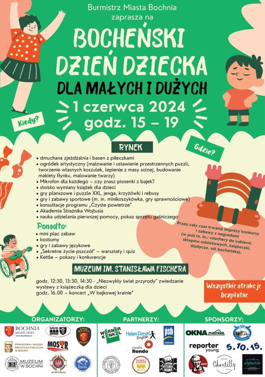 Plakat informujący o Bocheńskim Dniu Dziecka 1 czerwca godz. 15 - 19 : szczegóły w poście