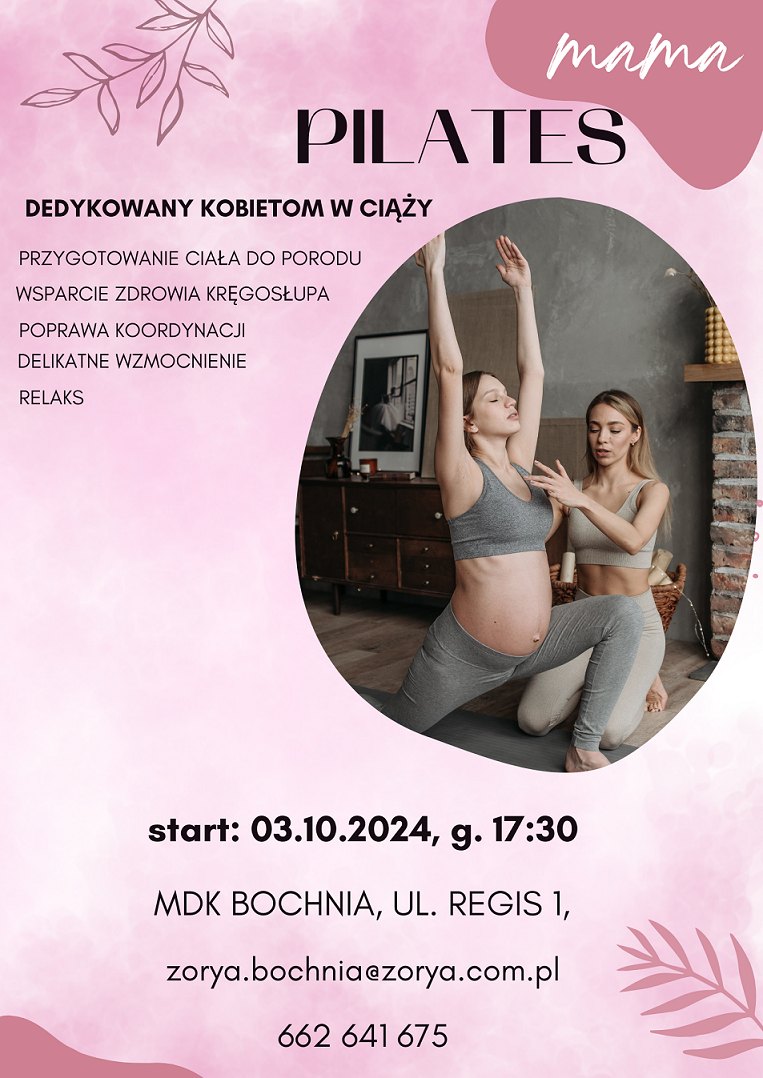 Plakat informujacy o zajęciach z pilatesu dla mam start zajęć 3.10.24 godz 17 30