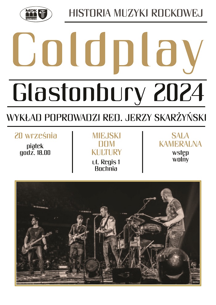 Plakat informującyo wykładzie redaktora skarżyńskiego o Coldplay, kóry odbędzie się 20 września o godzinie 18 na dużej sali kina Regis