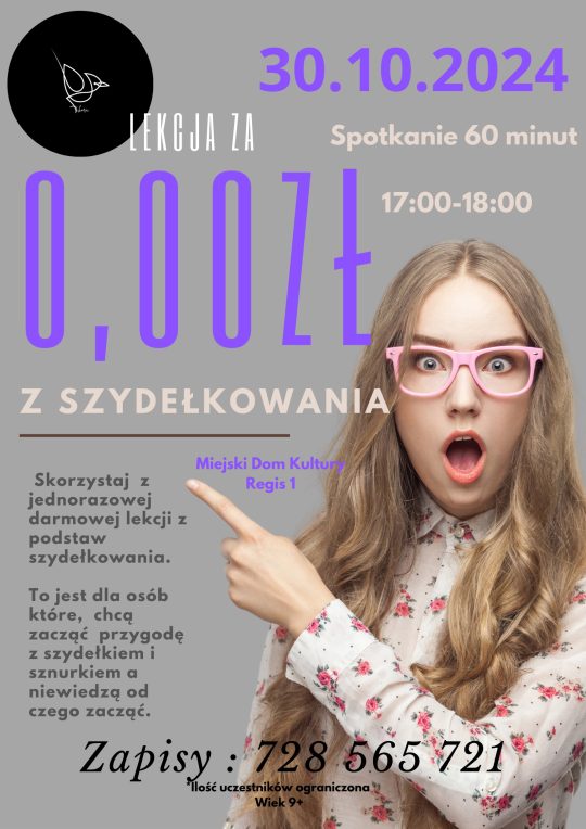 Plakat informujący o darmowej lekcji szydełkowania 30.10.