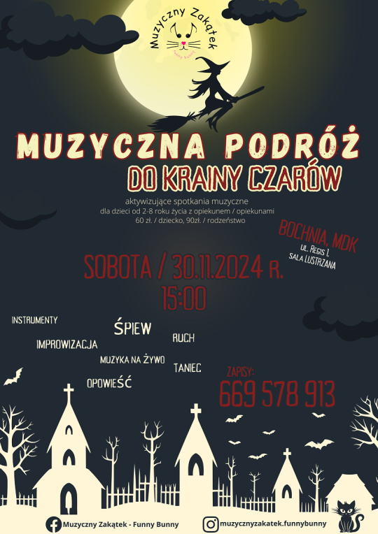 Plakat informujący o nowym cyklu zajęć pt ,, Muzyczna pordróż do krainy czarów:"