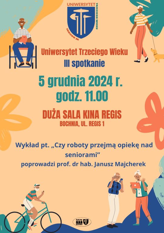 Plakat informujący o spotkaniu w ramach Uniwersytetu Trzeciego Wieku: 5 grudnia godz 11 w dużej sali kina regis