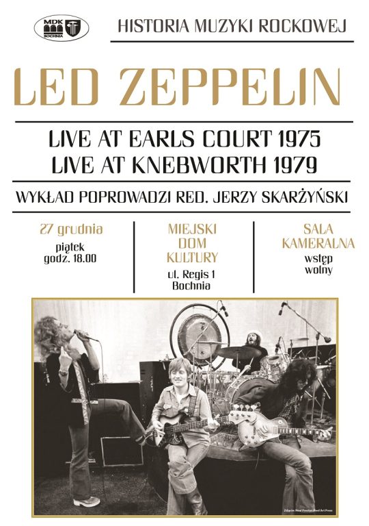 Plakat informującyo wykładzie redaktora skarżyńskiego o Led Zeppelin, kóry odbędzie się 27 grudnia o godzinie 18 na dużej sali kina Regis