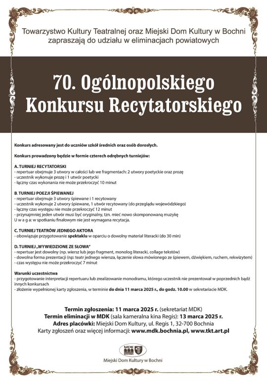 Plakat udzielający informacji o 70. Ogólnopolski Konkurs Recytatorski - szczegóły w poście