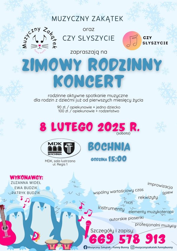 Plakat infotujacy o koncercie rodzinnym organizowanym przez funny bunny 8 ego lutego 2025 roku