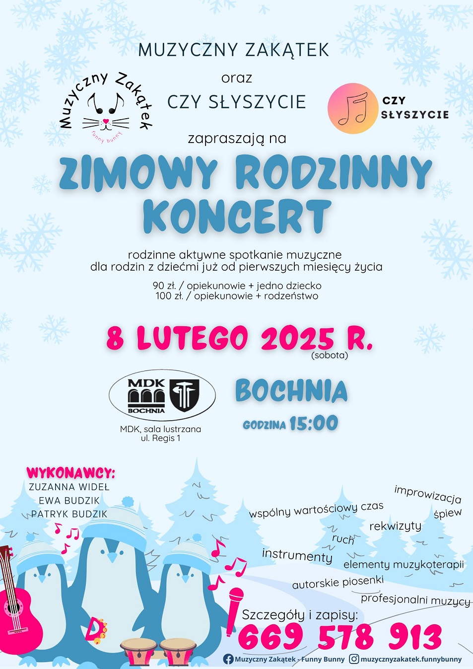 Plakat informujący o koncercie rodzinnym organizowanym przez funny bunny 8 ego lutego 2025 roku