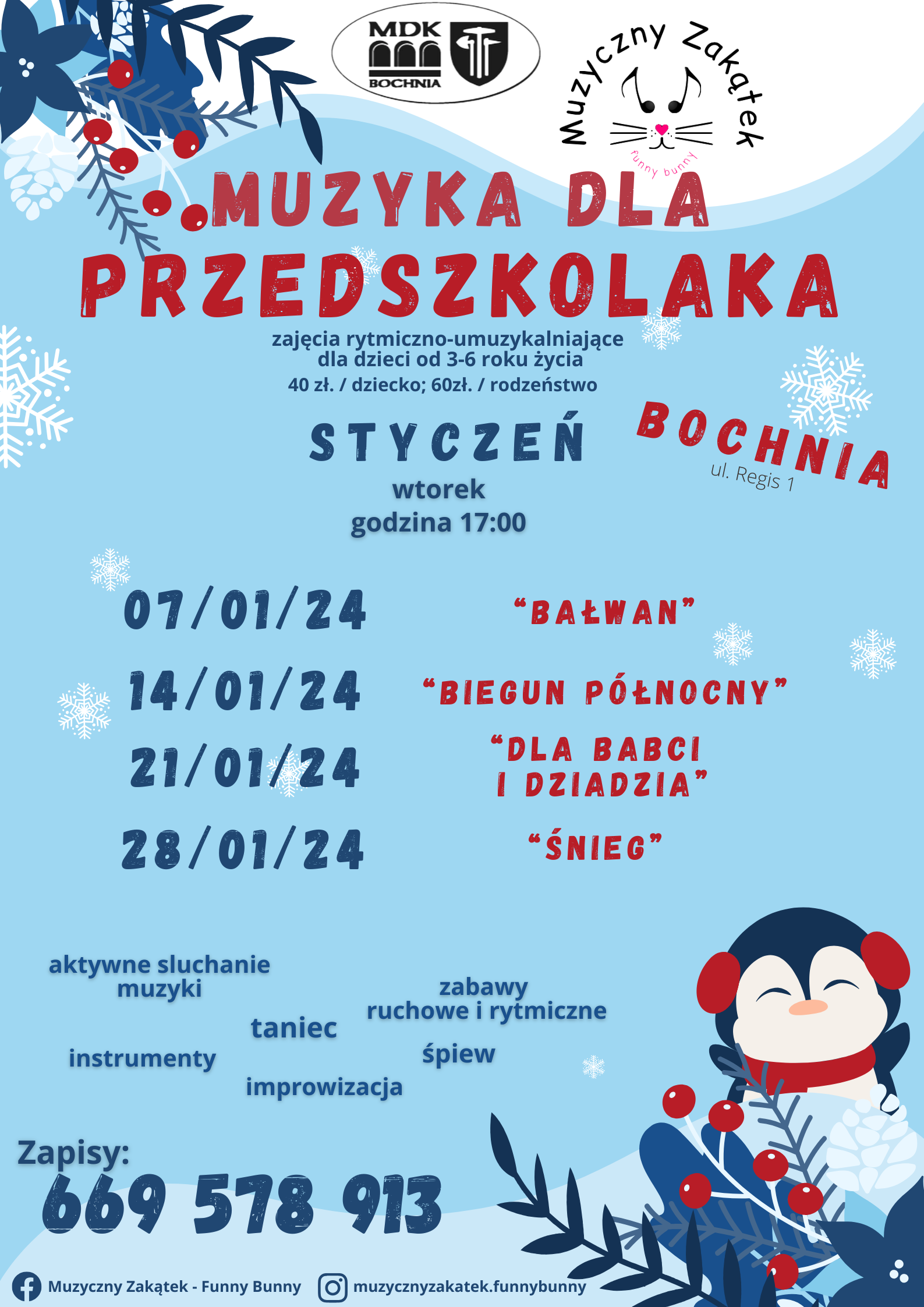 Plakat przedstawiający harmonogram muzyki dla przedszkolaka na styczeń 2025
