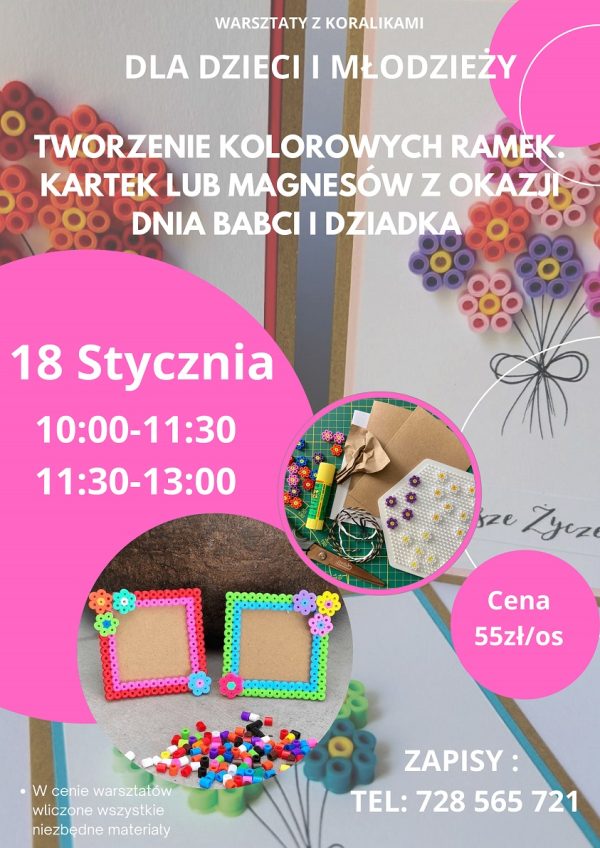 Plakat informujący o warsztatach z koralikami, które odbędą się 18 stycznia 10-11.30 i 11.30-13.00 w MDK w Bochni 