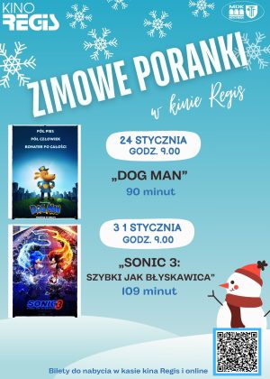 Plakat informujący i zimowych porankach w kinie regis: szczegóły w poście