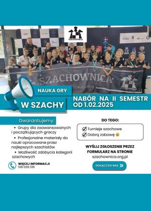Plakat informujący o II naborze do nauki gry w szachy