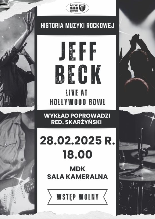 Plakat informujący o wykładzie redaktora Skarżyńskiego o Jeffie Beck - szczegóły w poście