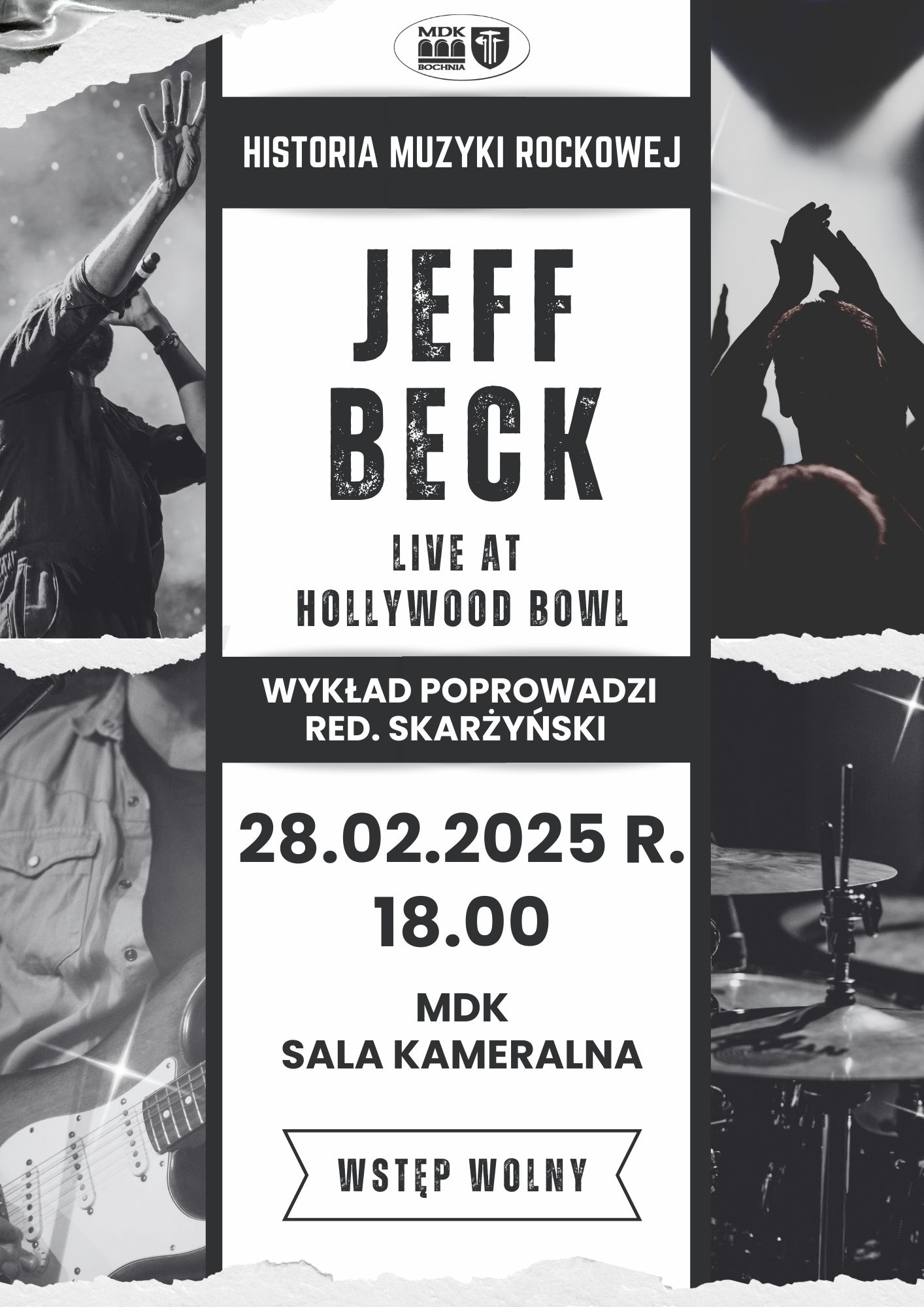 Plakat informujący o wykładzie redaktora Skarżyńskiego o Jeffie Beck - szczegóły w poście