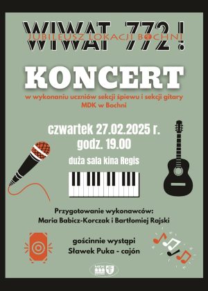 Plakat informujący o koncercie w wykonaniu uczniów sekcji śpiewu i gitary MDK w Bochni który odbędzie się w czwartek 27.02.25 godz. 19.00
