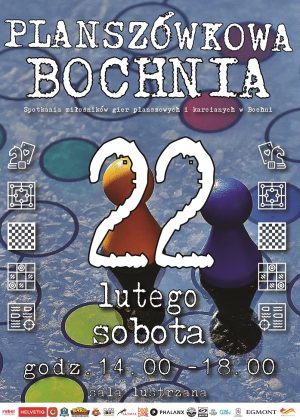 Plakat informujący o spotkaniu w ramach planszówkowa Bochnia, które odbędzie się na sali lustrzanej bocheńskiego MDK 22.02.25 r. w godz. 14 - 18 zapraszamy. Szczegóły w poście