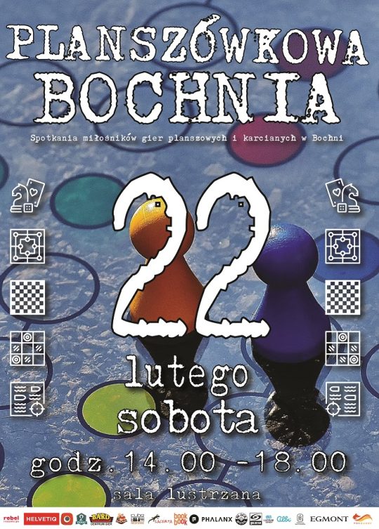 Plakat informujący o spotkaniu w ramach planszówkowa Bochnia, które odbędzie się na sali lustrzanej bocheńskiego MDK 22.02.25 r. w godz. 14 - 18 zapraszamy. Szczegóły w poście