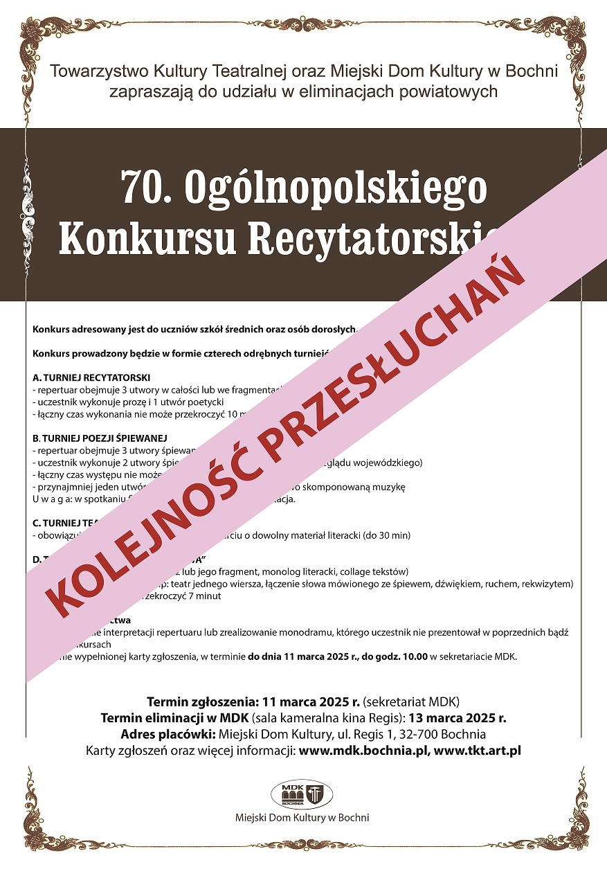 Plakat informujący o kolejnosci przesłuchań OKR - szczegóły w poście